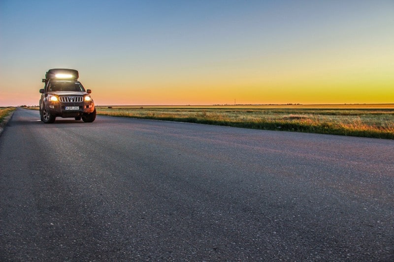 sunset in kazakhstan overlanding LED lights